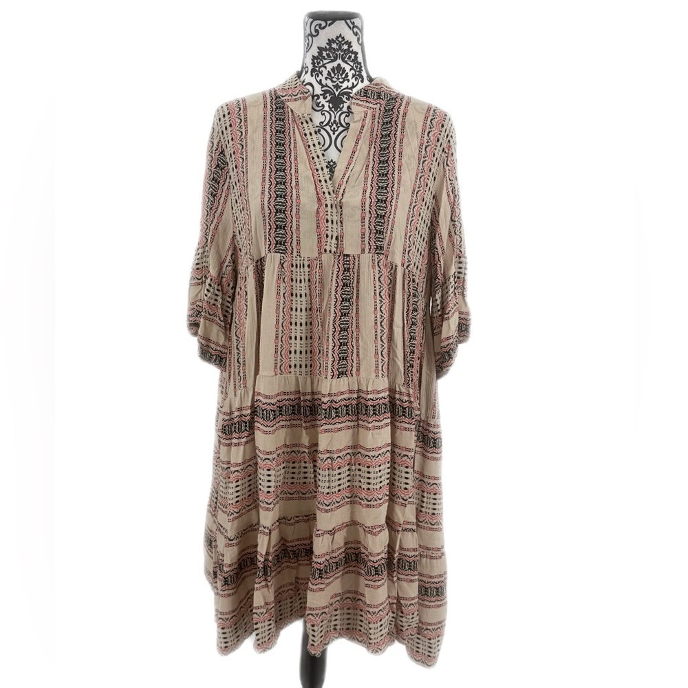 TALULAH Anthropologie Boho Babydoll Pink and Black Patterned V-Neck Dress
